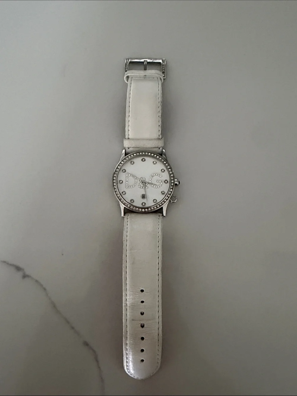 Dolce & Gabbana White Leather Strap Crystal Logo Watch